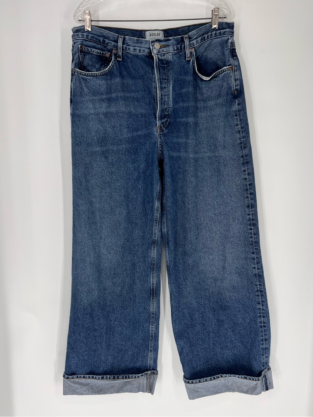 AGOLDE Dame Dark Wash Denim High Waist Wide Leg Cuffed Classic Jeans 32